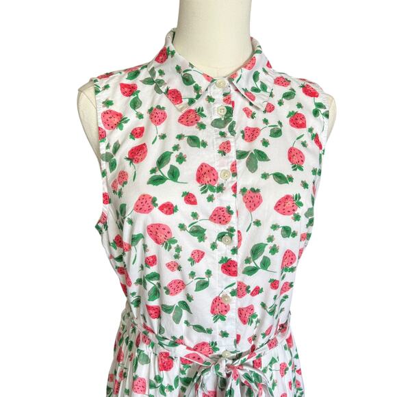 J.Crew Factory Strawberry Print Collared Midi Dress Size 8 Sleeveless Belted - Picture 2 of 11
